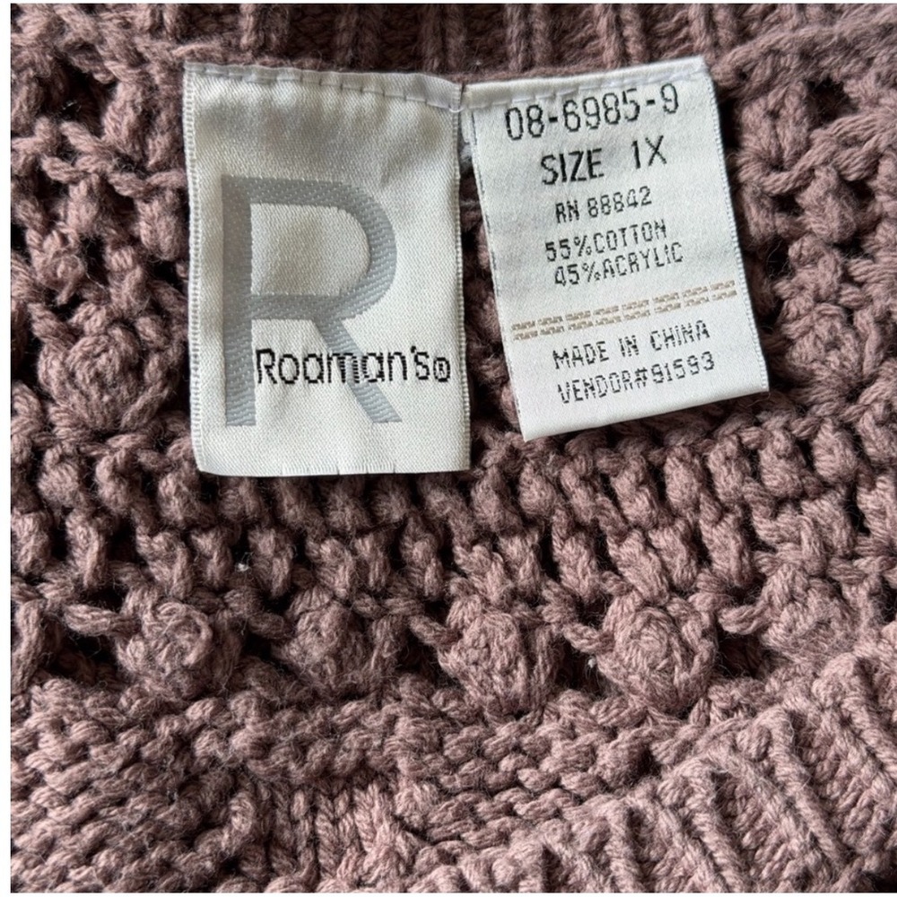 Roaman's Crochet Knit Sweater Womens 1X Mauve Brown Open Knit Pointelle Boho - Picture 3 of 4
